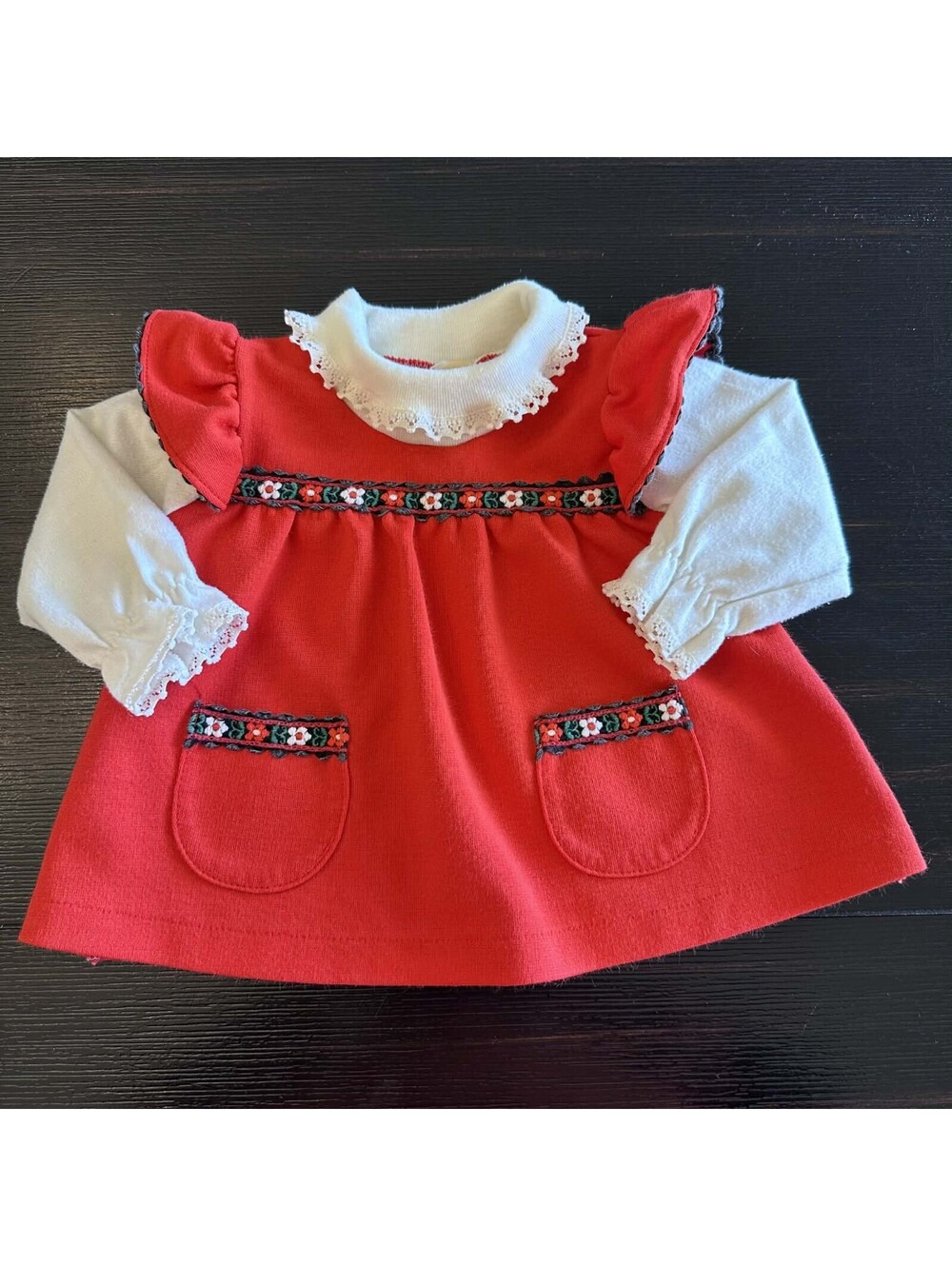 Vintage Carters 12M Red Jumper Dress White Long Sleeve Floral Trim Pockets EUC